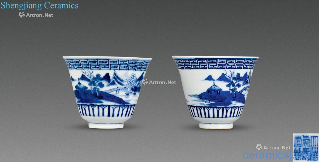 Qing jiaqing Blue and white landscape wen ling dang cup (a)