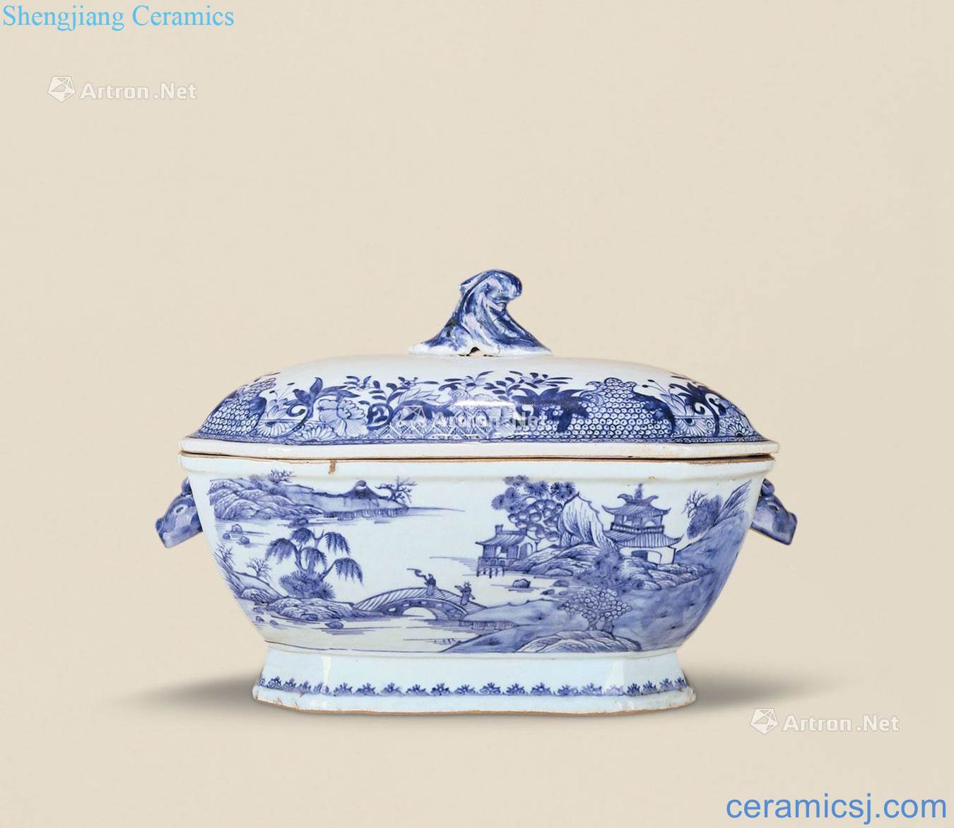 Qing qianlong Blue and white landscape characters cover basin