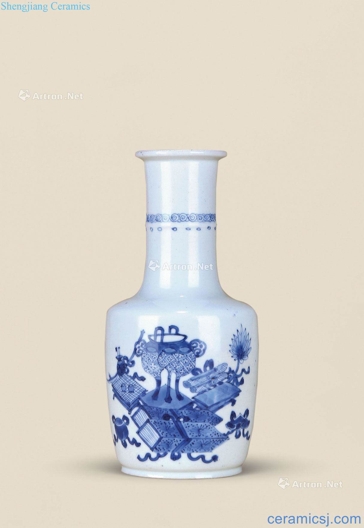 The qing emperor kangxi Blue and white antique wooden stick bottle