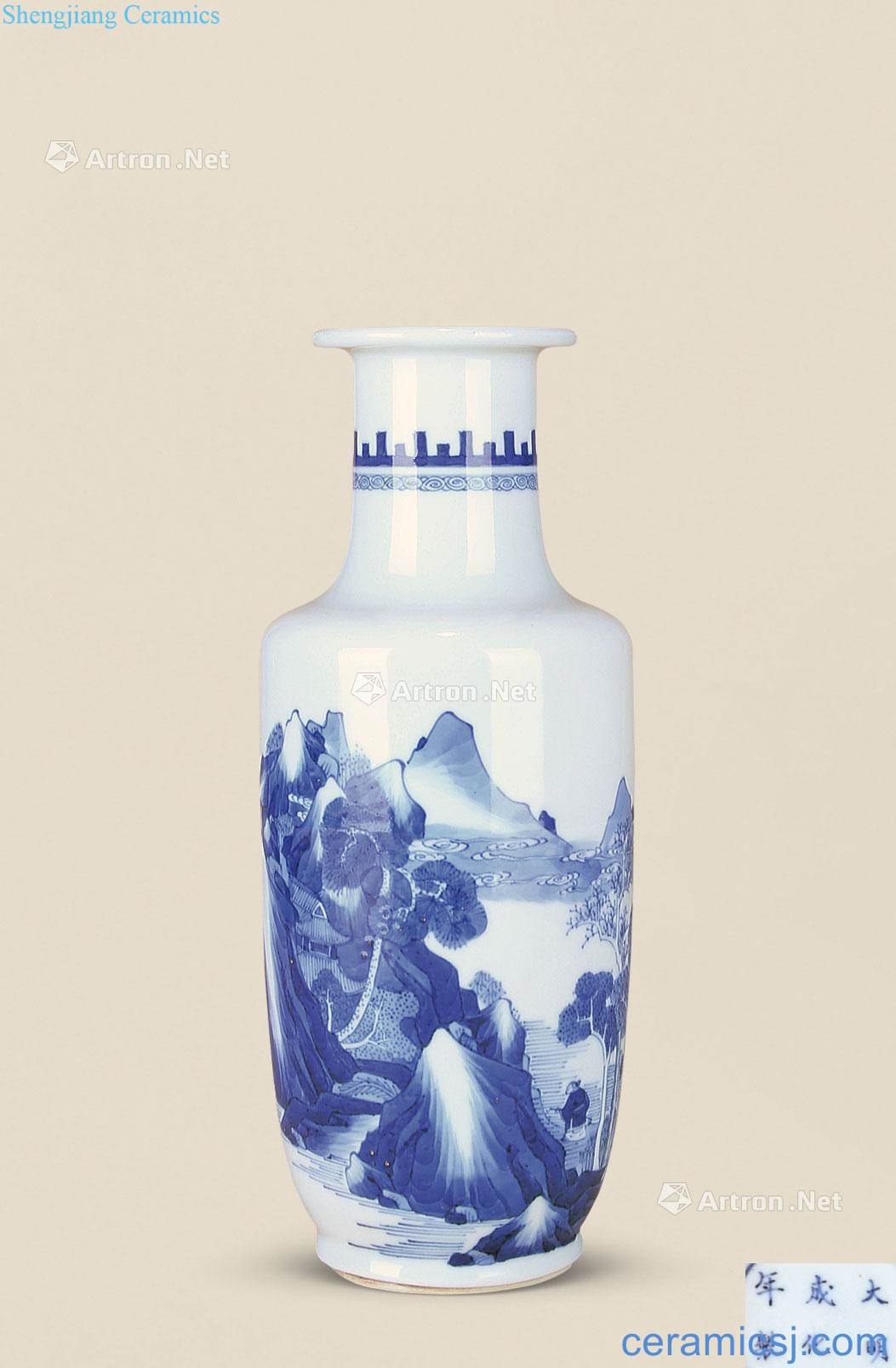qing Blue and white landscape character lines were bottles