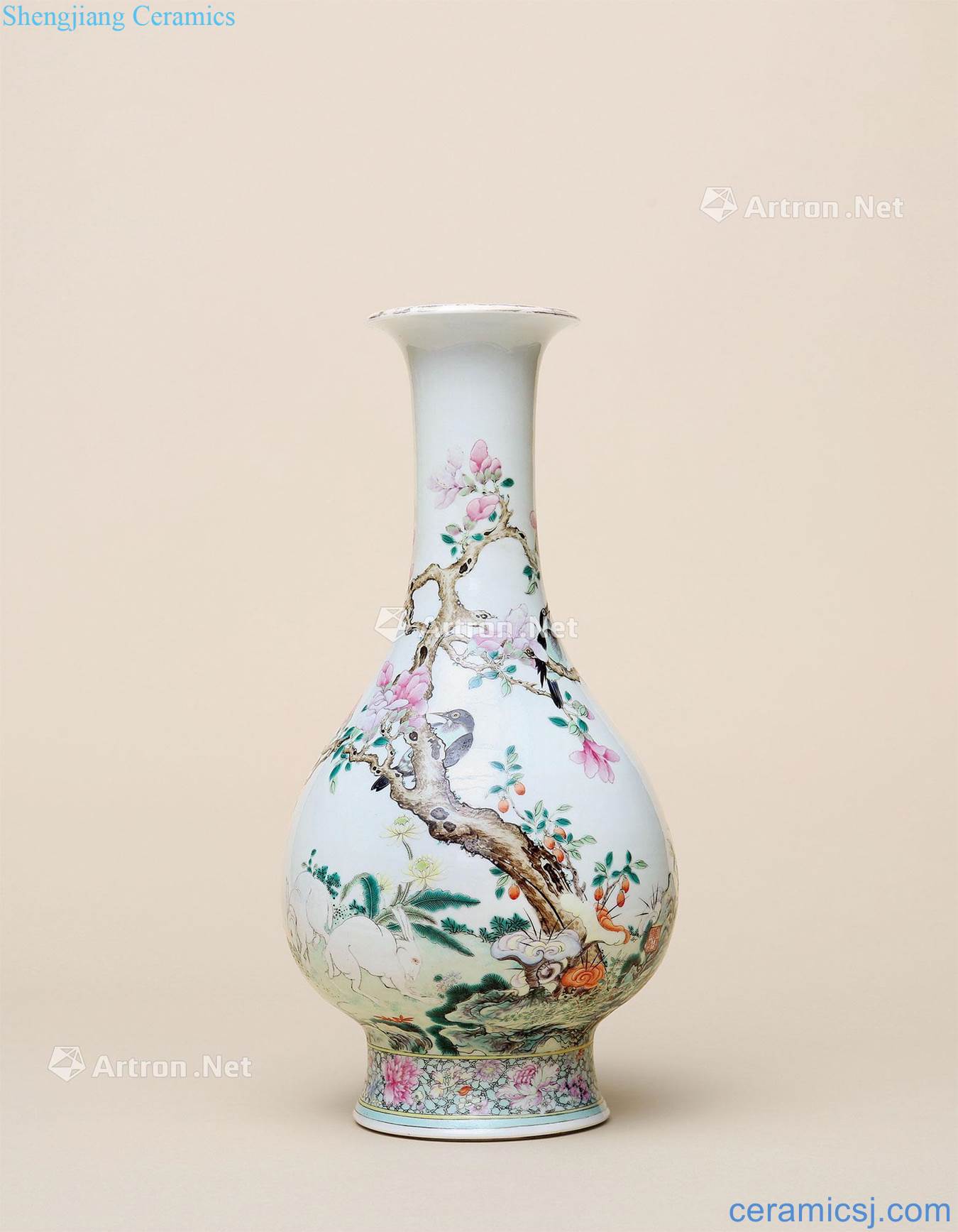 Clear pastel magpie on branch ruyi mouth bottle