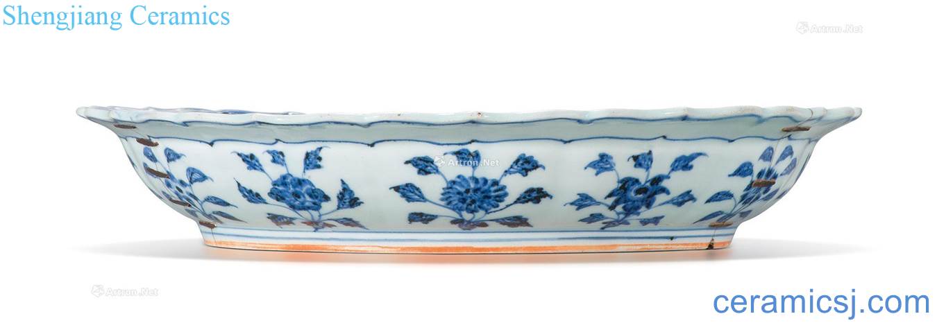 Ming yongle Blue and white tie up branch flowers wen ling mouth tray
