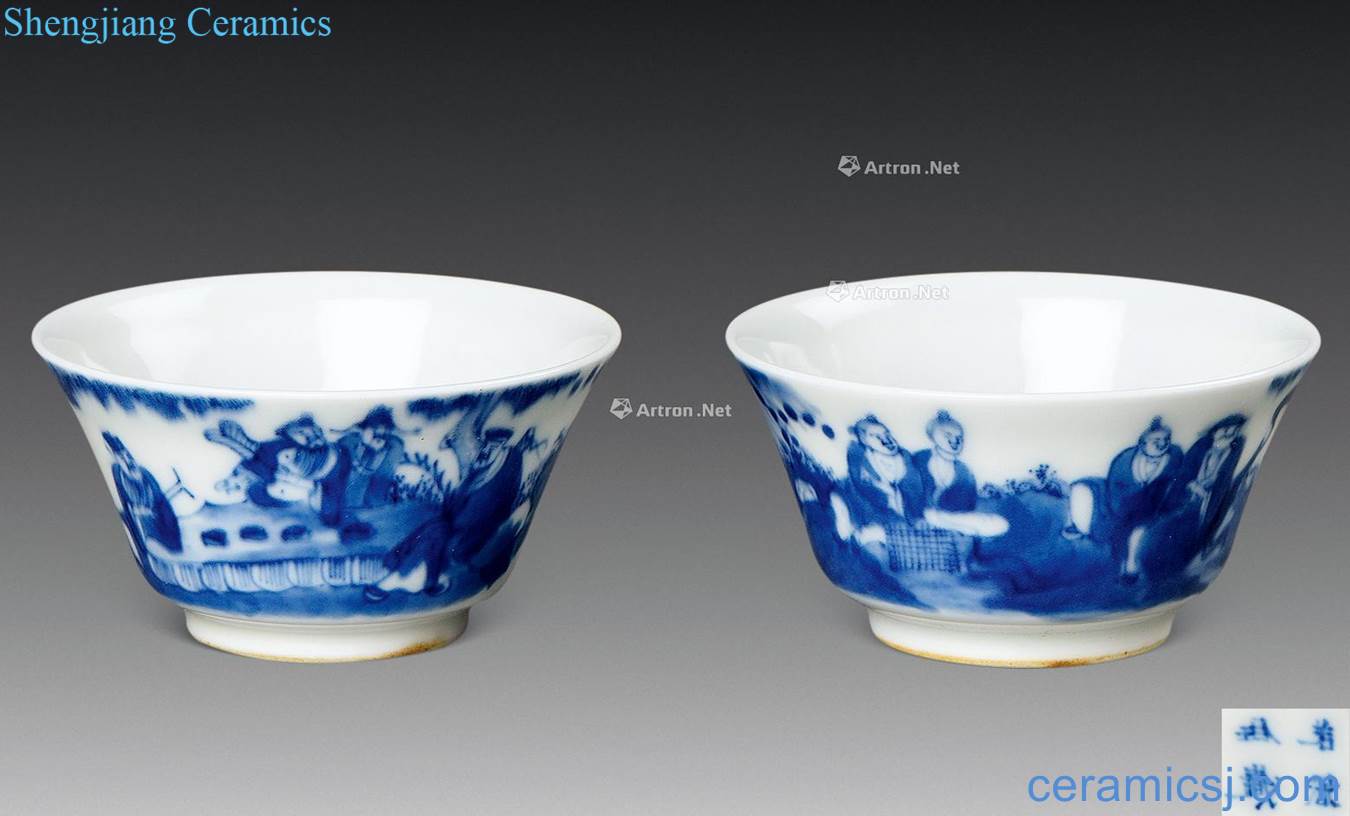 qing Blue and white landscape character lines horse crow cup (a)