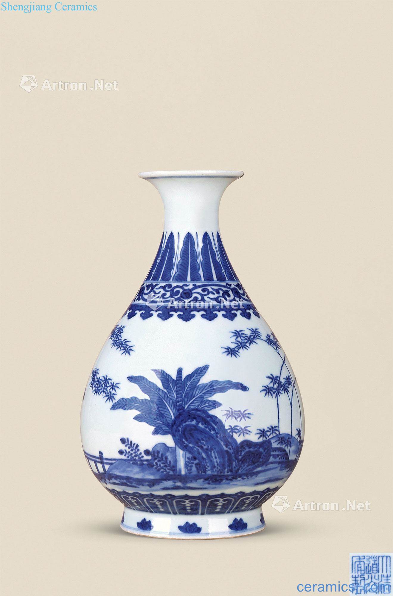 Qing daoguang Blue and white bamboo stone plantain okho spring bottle