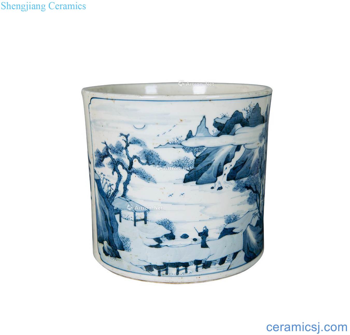 The qing emperor kangxi Blue and white landscape character tattoo pen container