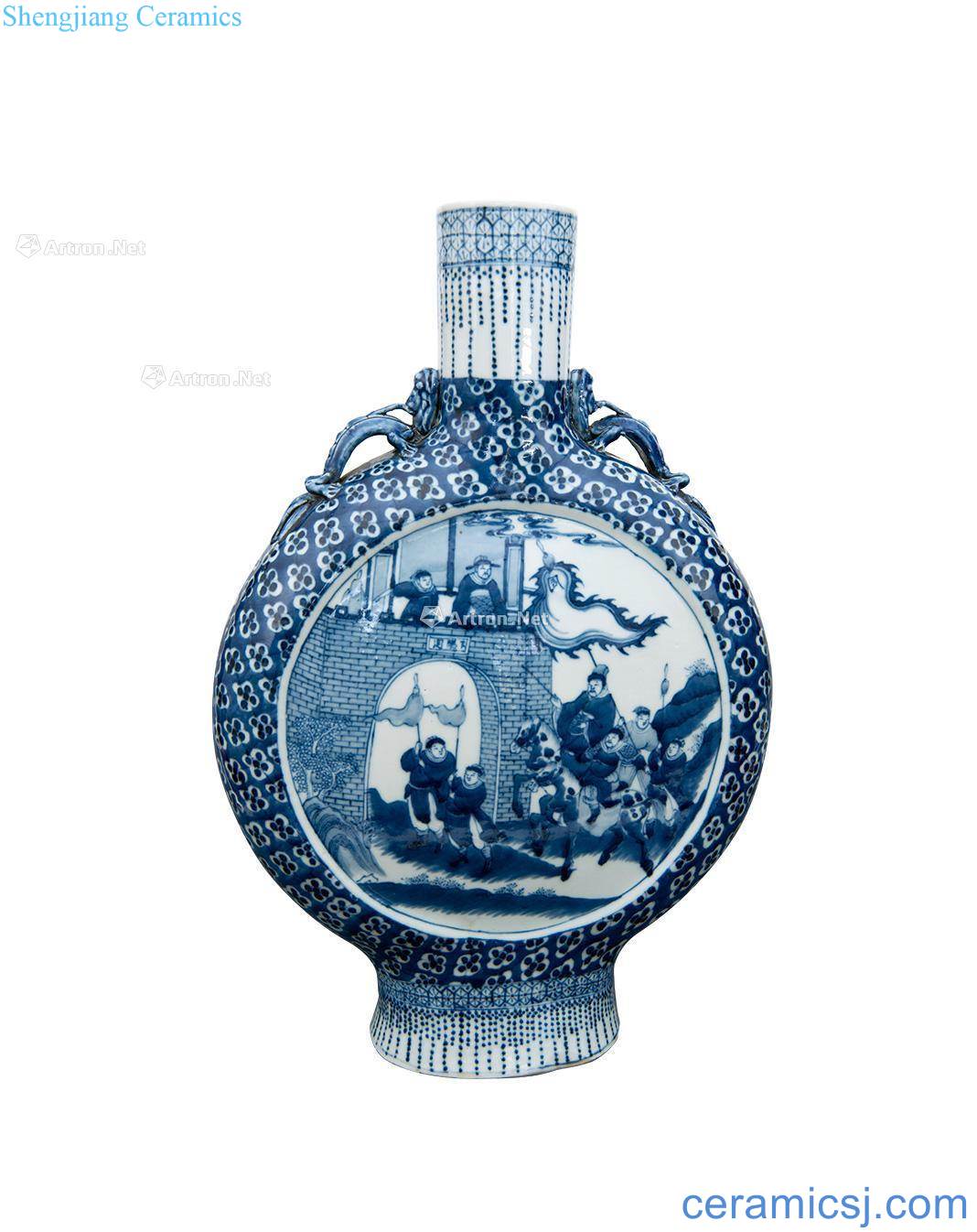 qing Blue and white horse character lines on bottle
