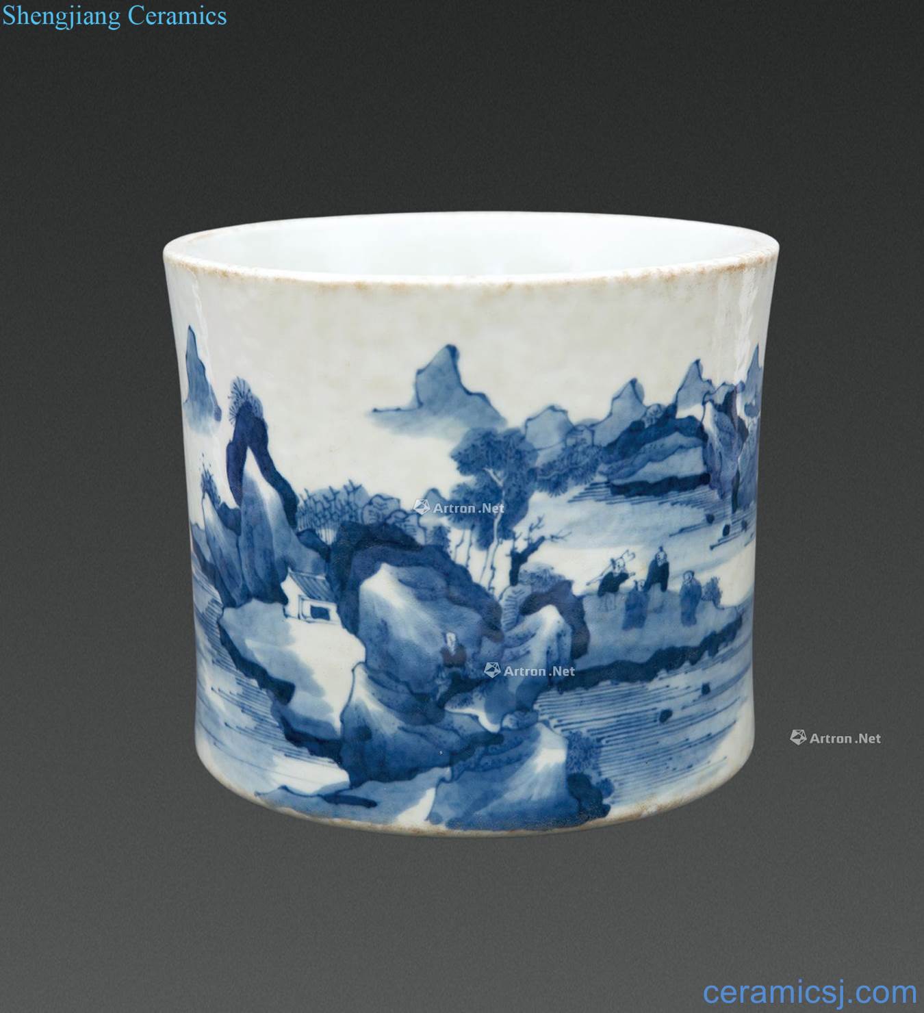 qing Blue and white landscape character tattoo pen container