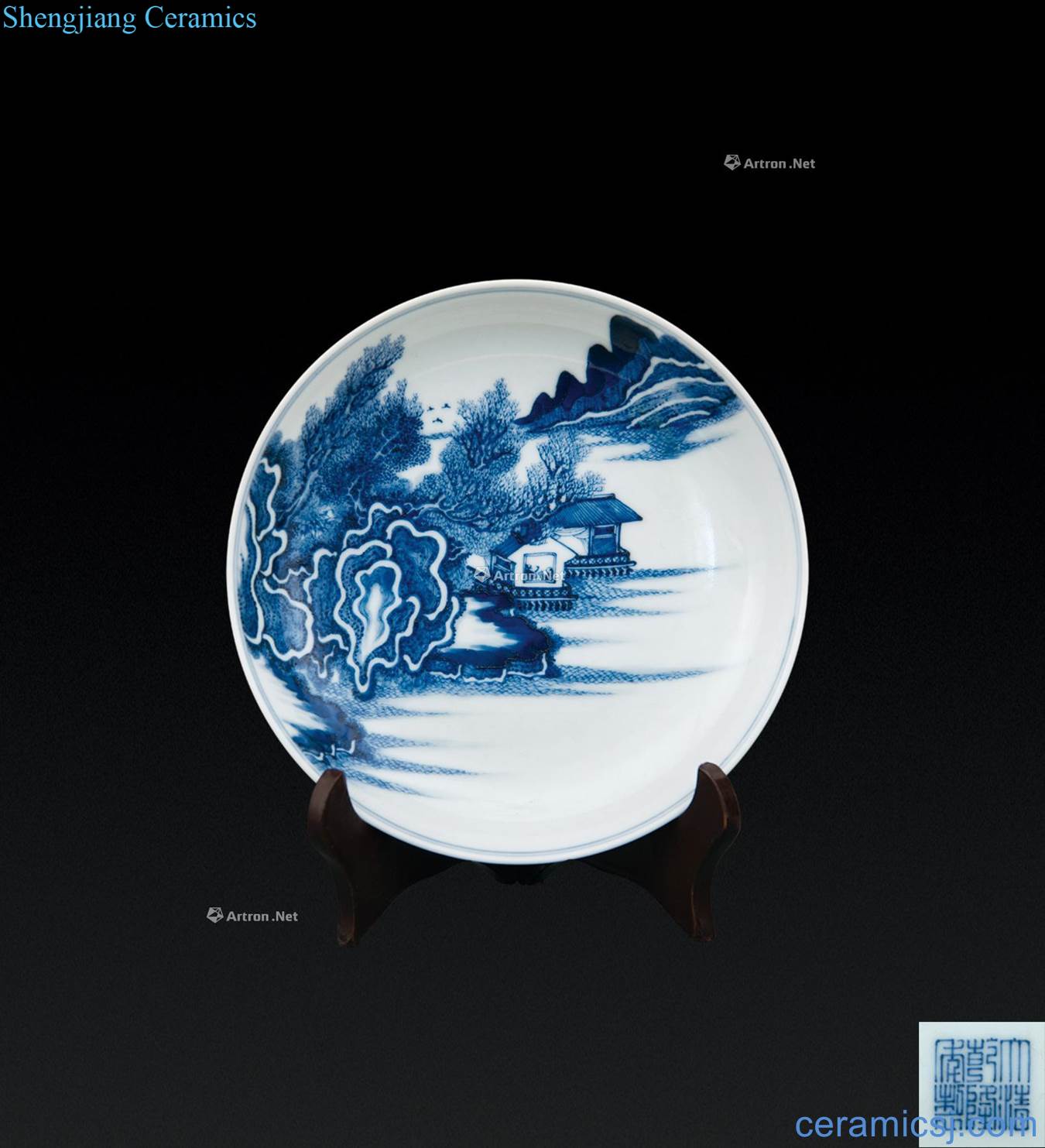 Qing qianlong Blue and white landscape character disk