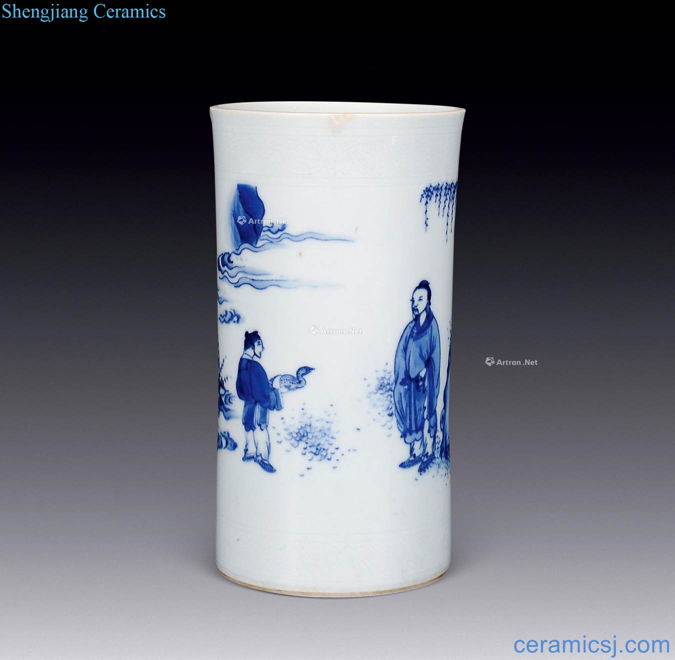 Blue and white "Wang Yizhi love goose" Ming chongzhen brush pot