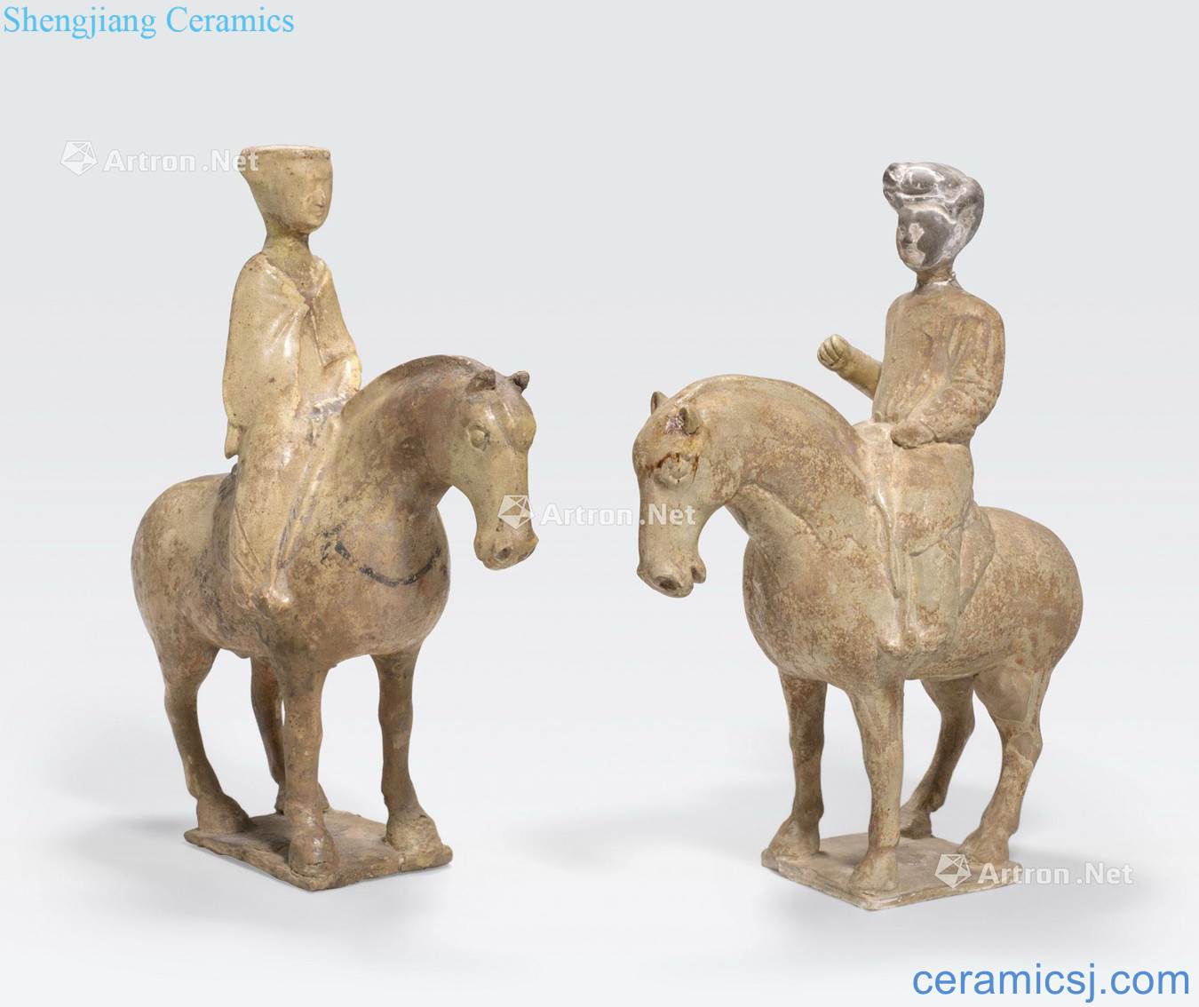 Sui Dynasty TWO STRAW GLAZED POTTERY TOMB FIGURES OF EQUESTRIENNES