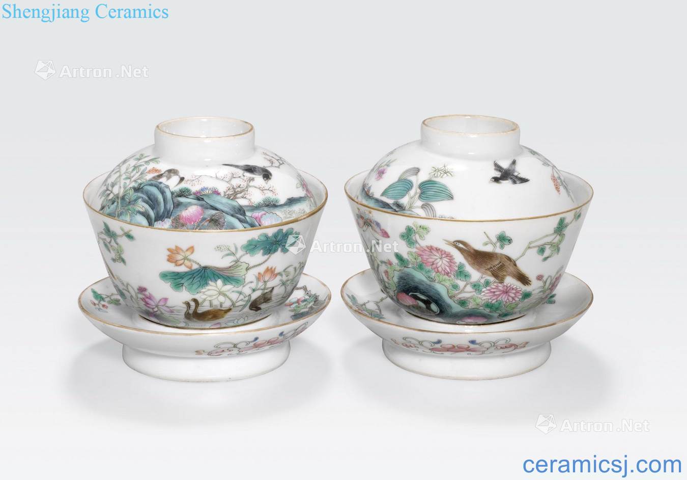 Guangxu marks, the Republic period A PAIR OF FAMILLE ROSE ENAMELED TEACUPS WITH STANDS AND LIDS