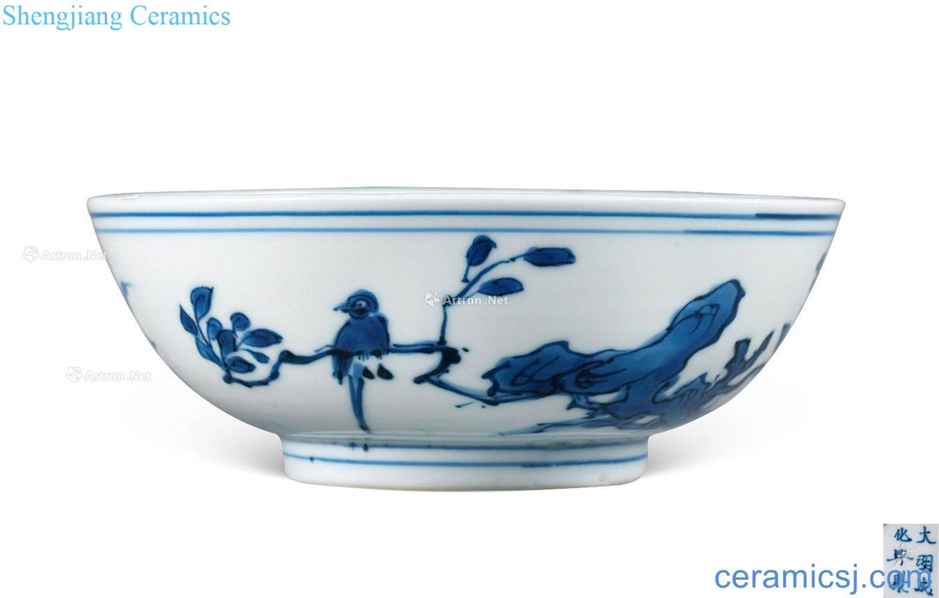 Ming Blue and white flowers and birds green-splashed bowls