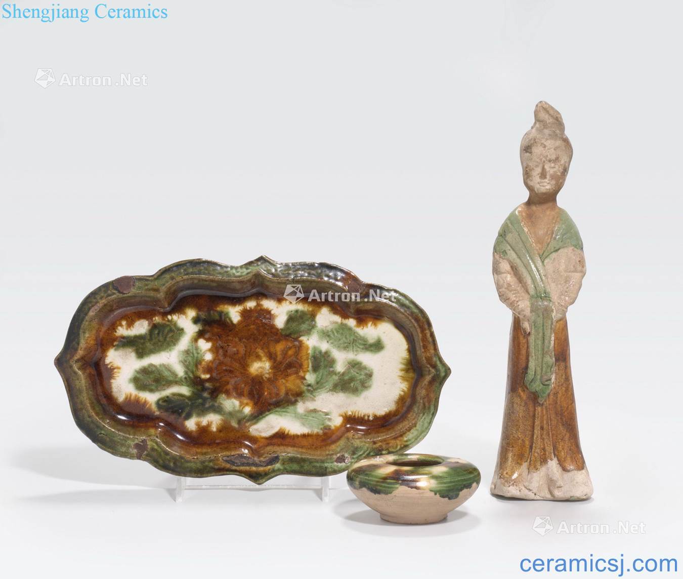 Tang and Liao dynasty A GROUP OF THREE SANCAI GLAZED FUNERARY CERAMICS