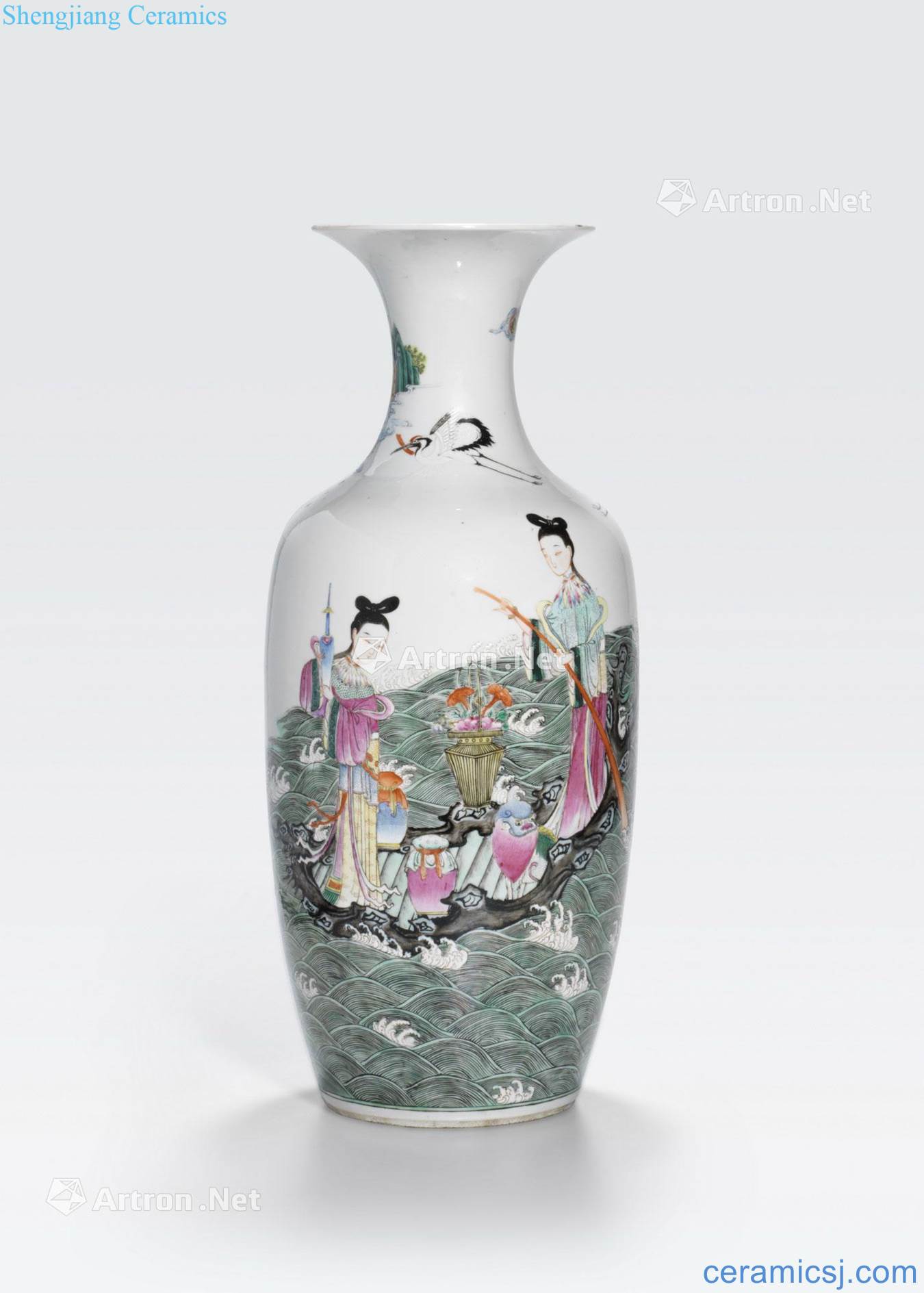 The newest the Qing/Republic period A FAMILLE ROSE ENAMELED VASE WITH FEMALE IMMORTALS ON A RAFT