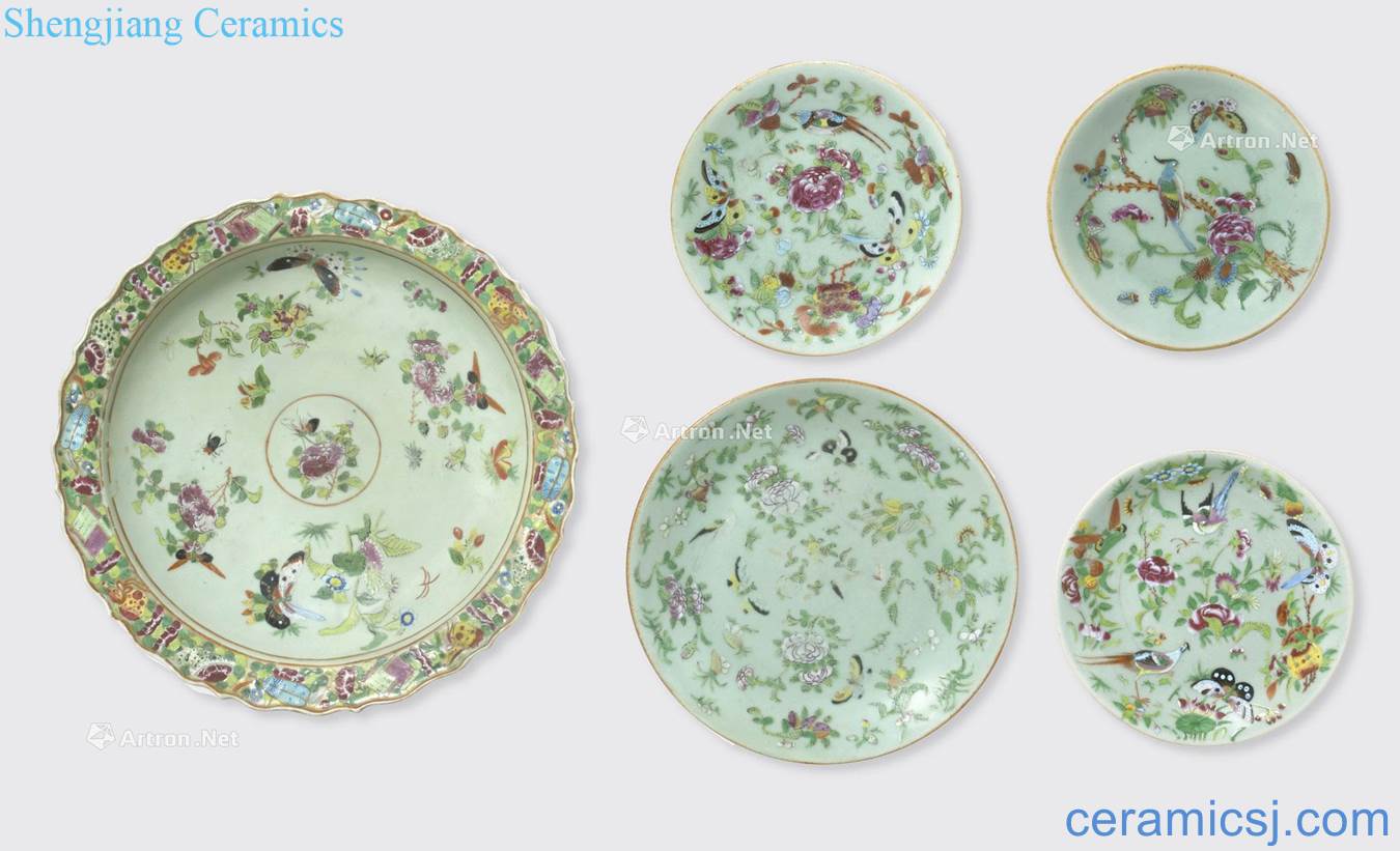 The newest the Qing dynasty A GROUP OF FIVE CELADON GLAZED PORCELAINS WITH FAMILLE ROSE DECORATIONS