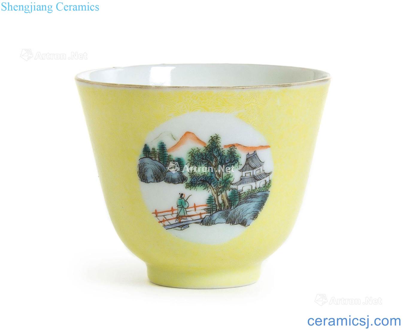 Qing guangxu Figure cup to pastel yellow medallion landscape character