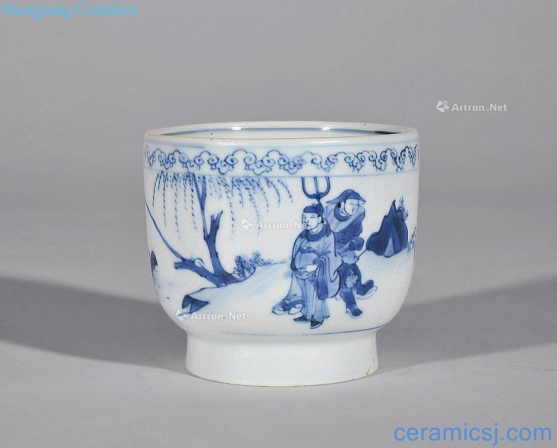 Ming chongzhen Stories of blue and white figure small cylinder