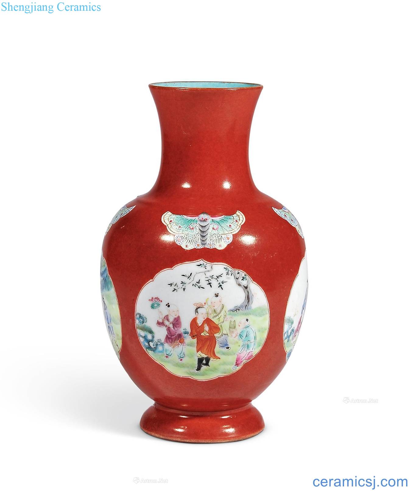 Qing qianlong coral red medallion enamel baby play figure bottles