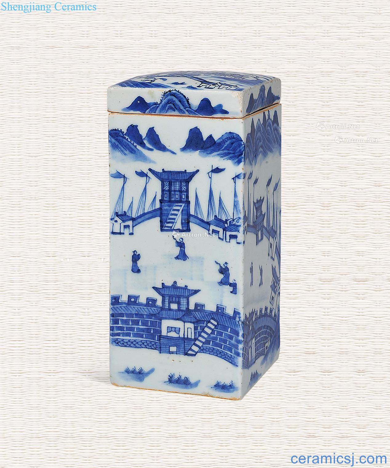 In the early qing Blue and white landscape character lines caddy