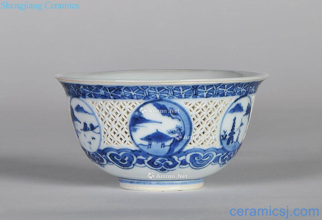 Ming Blue and white brocade medallion landscape character green-splashed bowls