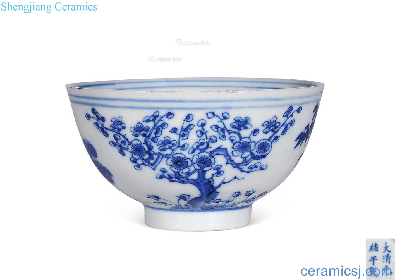 Qing guangxu Blue and white shochiku mei small bowl