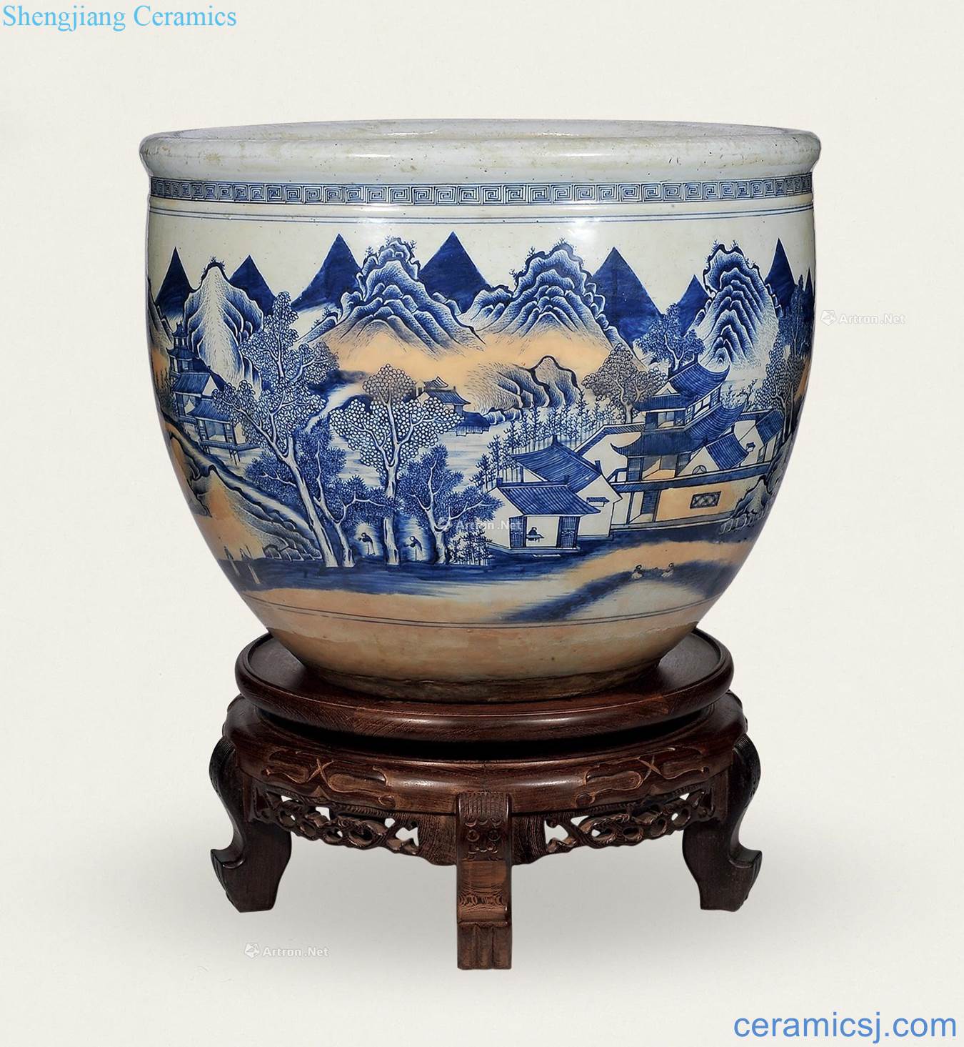 In the early qing Blue and white landscape pattern vats
