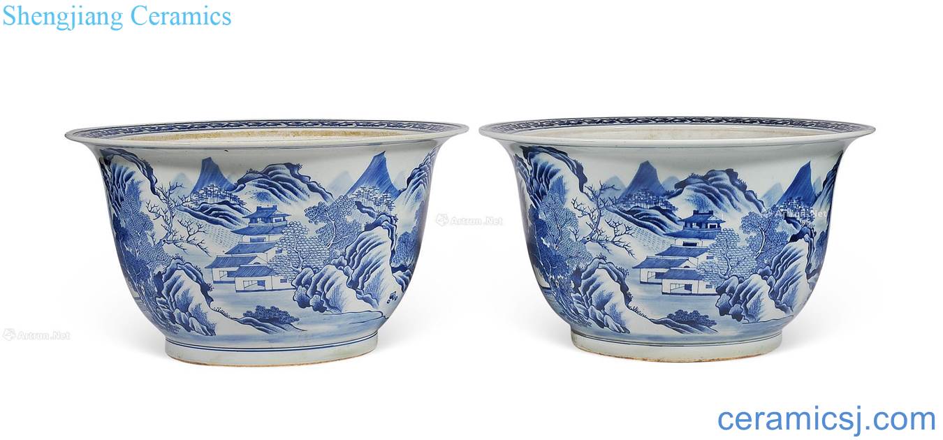 Mid qing Blue and white landscape character flower pot (a)