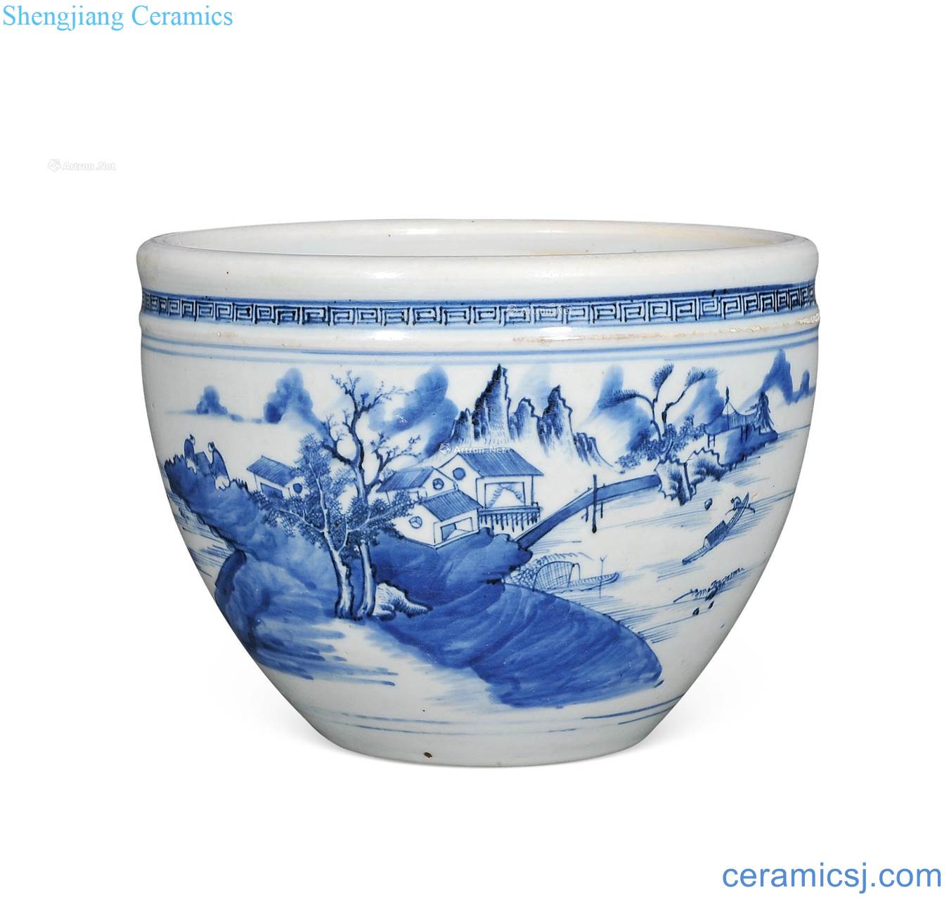 Qing qianlong Blue and white landscape character maps cylinder