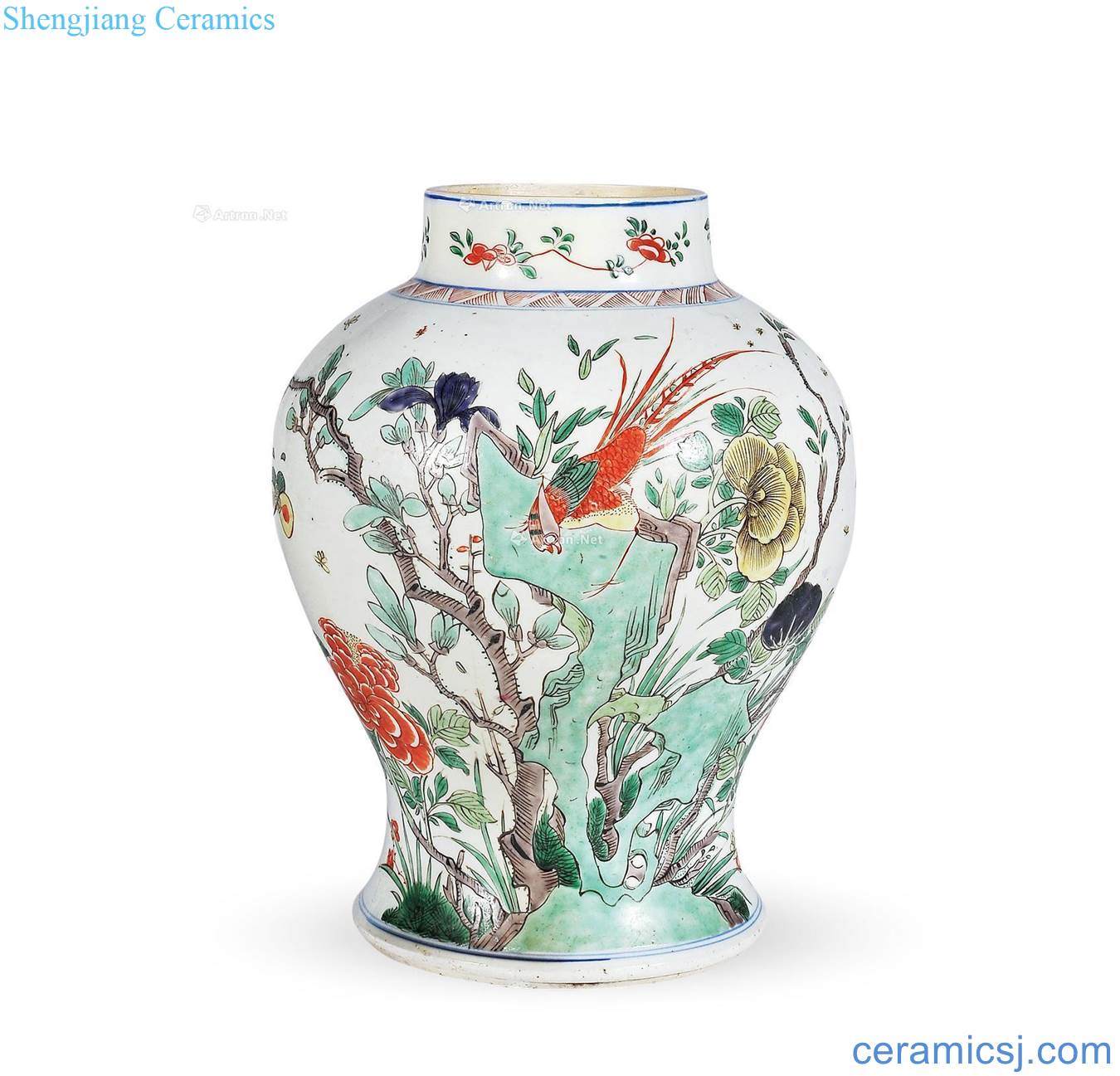 Qing shunzhi Colorful flowers and birds grain tank