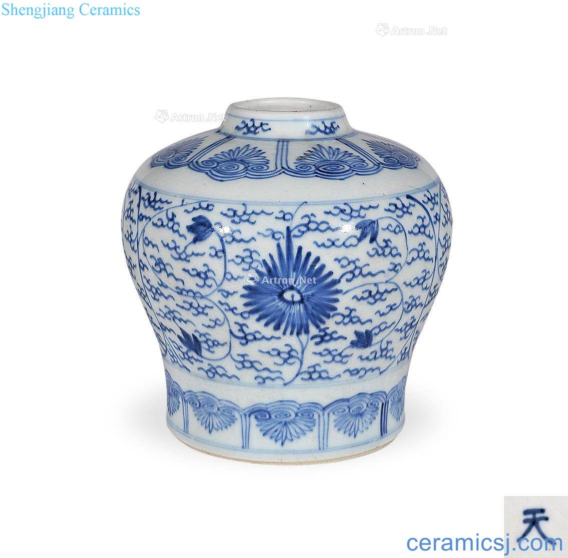 Qing yongzheng Blue and white lotus flower grain day word can