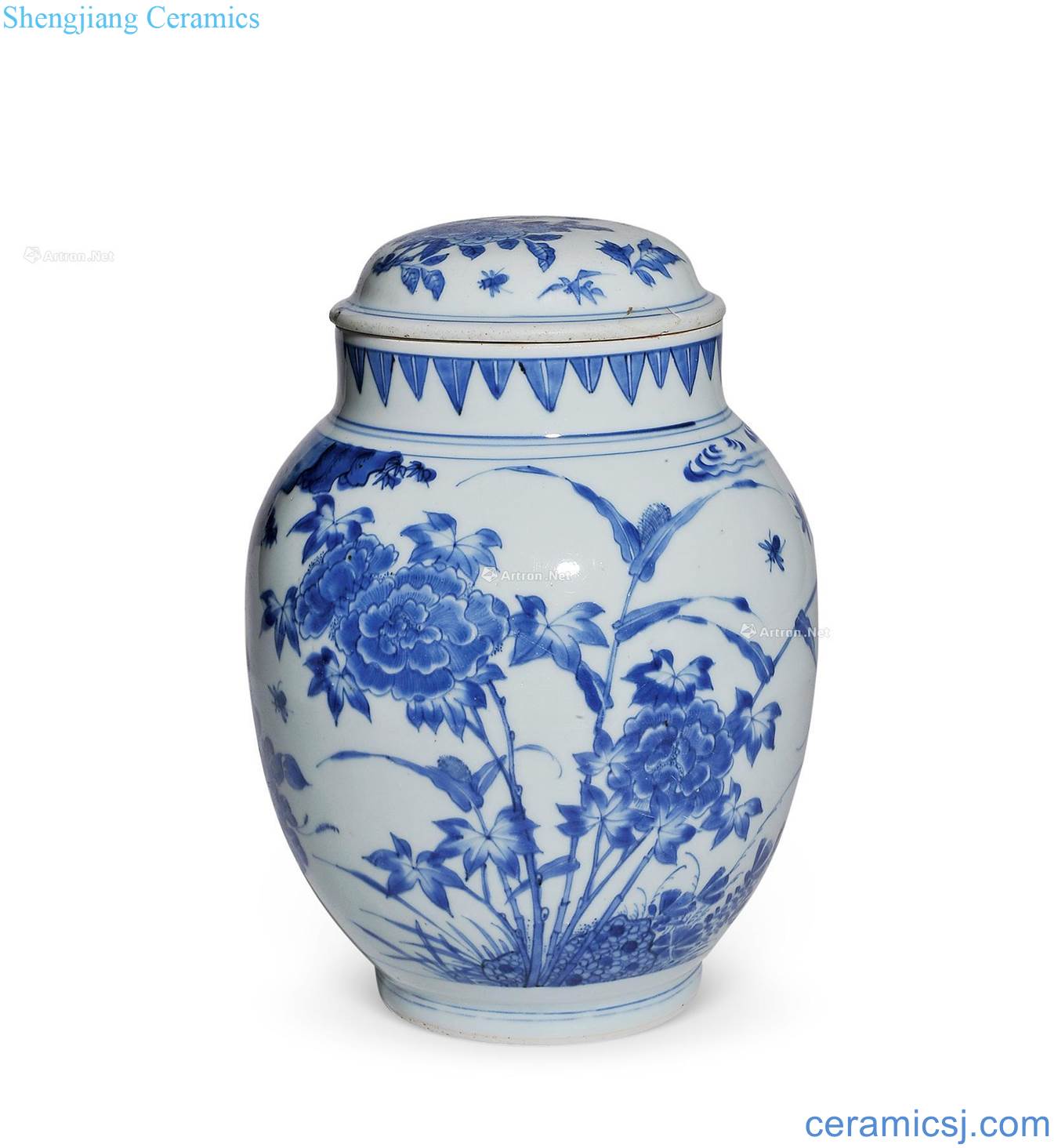 Qing shunzhi Blue and white flowers and birds lines cover tank