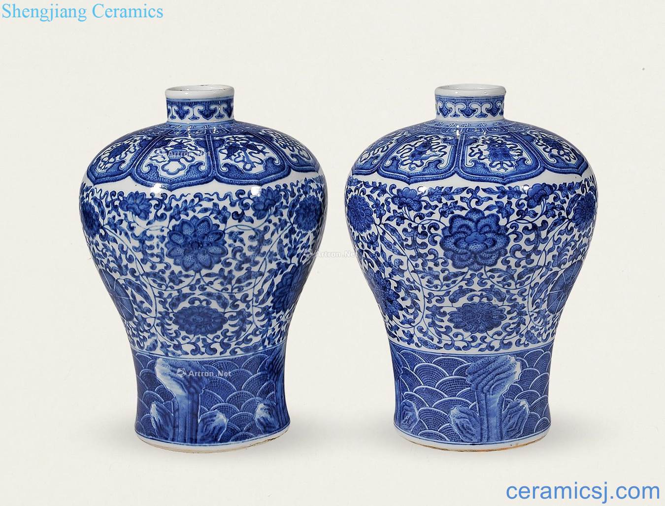 qing Blue and white tie up lotus flower grain mei bottle (a)
