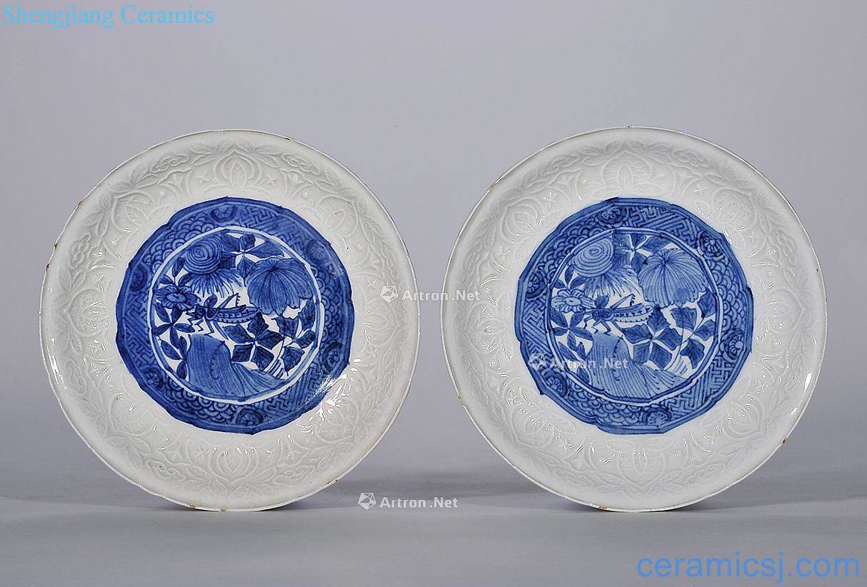 Ming Blue and white lines grasses and flowers mouth tray