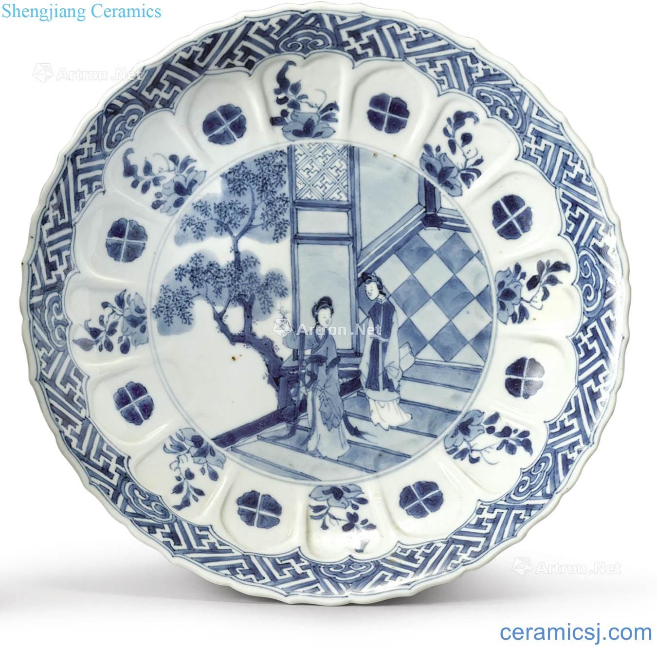 The qing emperor kangxi Blue and white figure ling mouth tray stories of west chamber