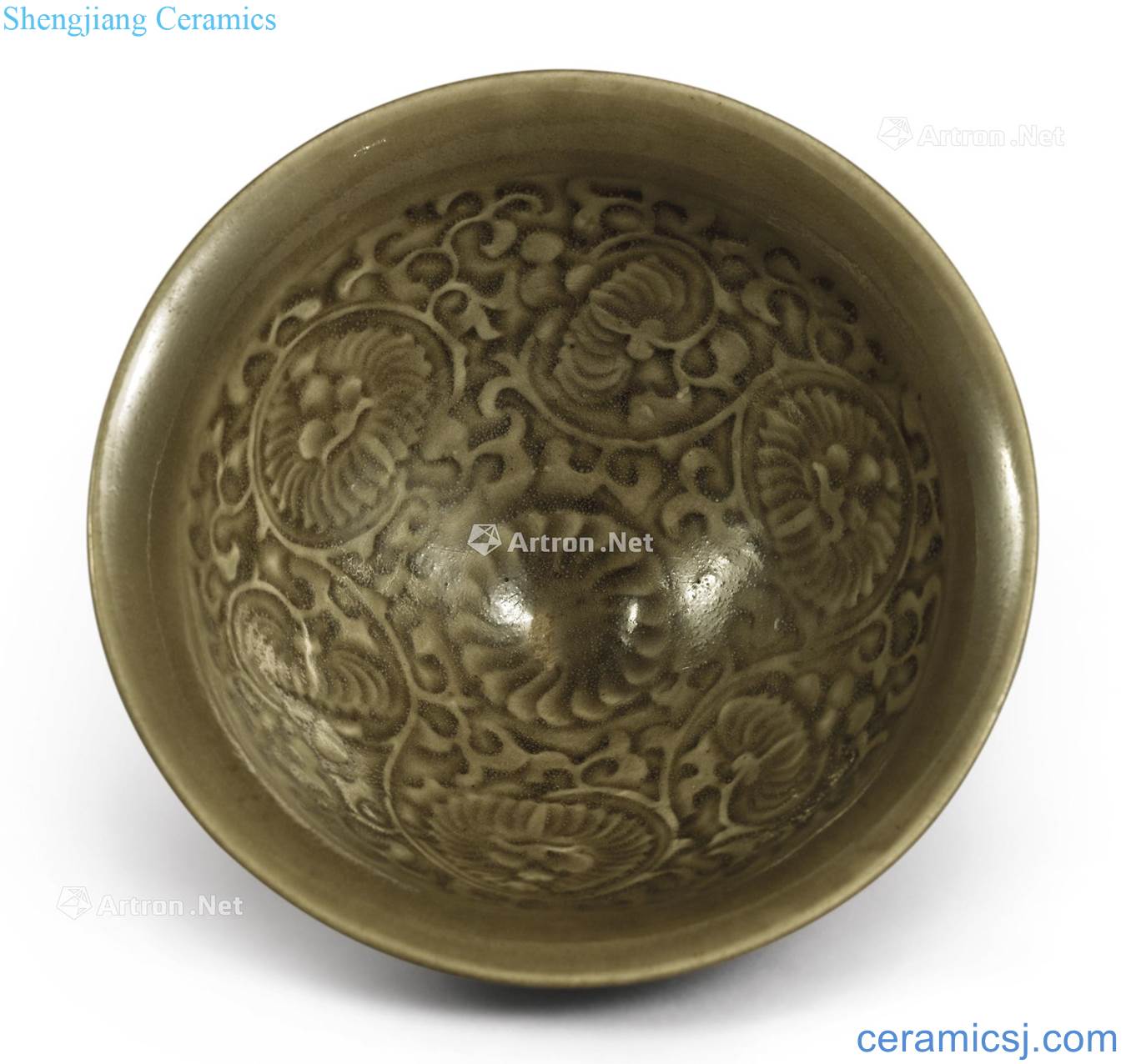 Northern song dynasty Yao state kiln green glaze printing small 盌 put chrysanthemums lines