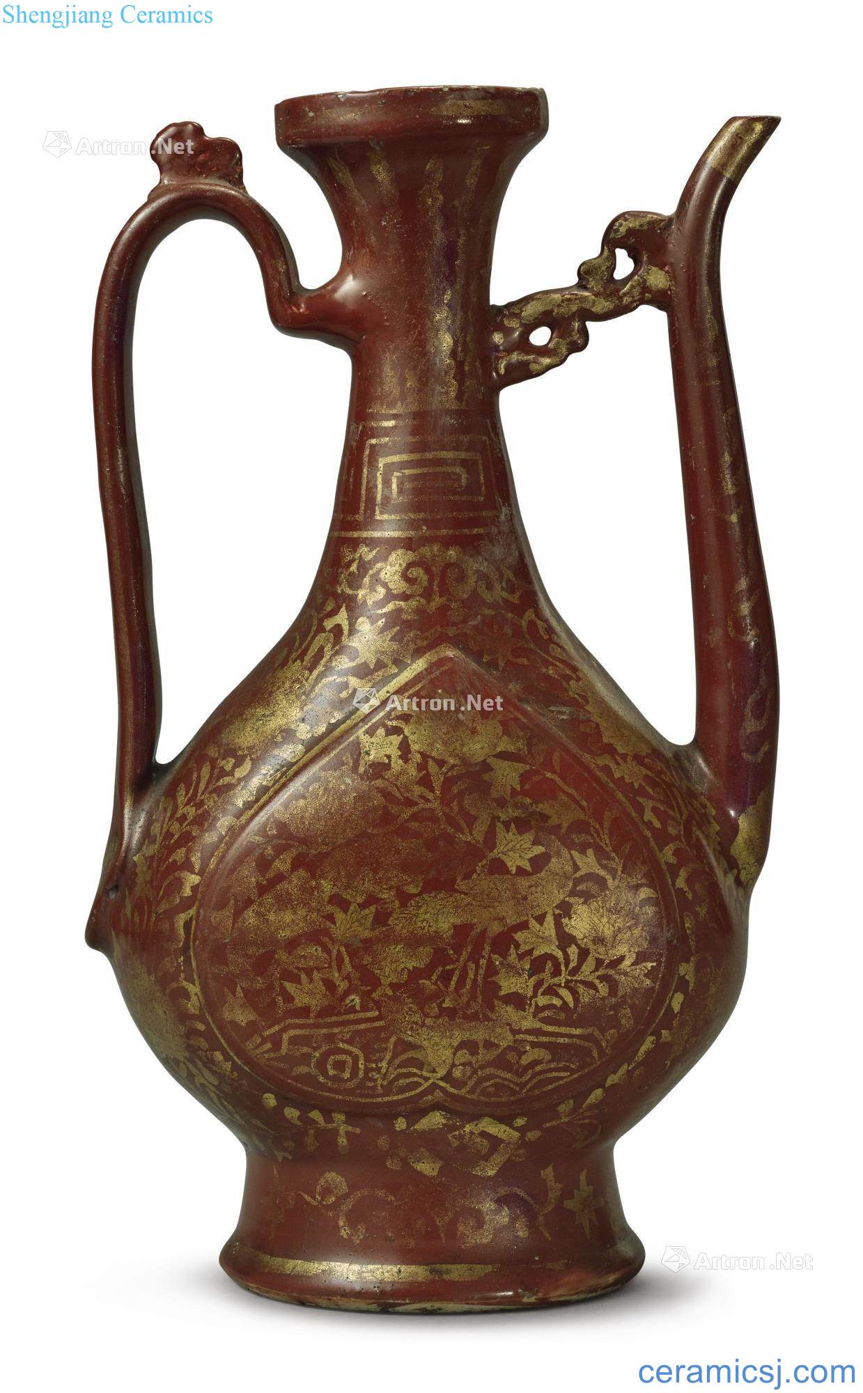 The 16th century Ming Alum to the colour red apricot round medallion peacock peony figure ewer