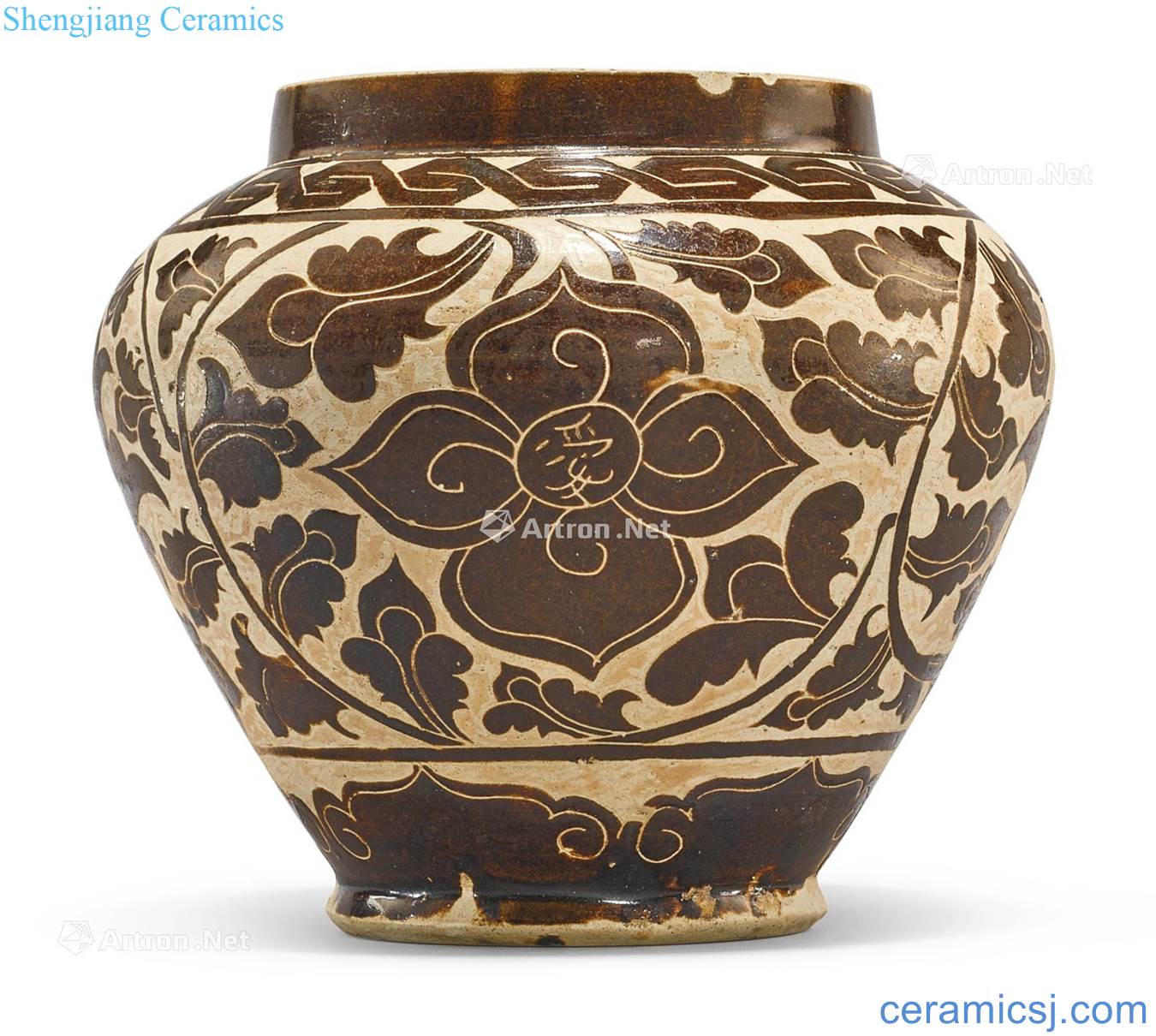Ming Magnetic state kiln brown glazed carved flower pot "gentleman's love of money"