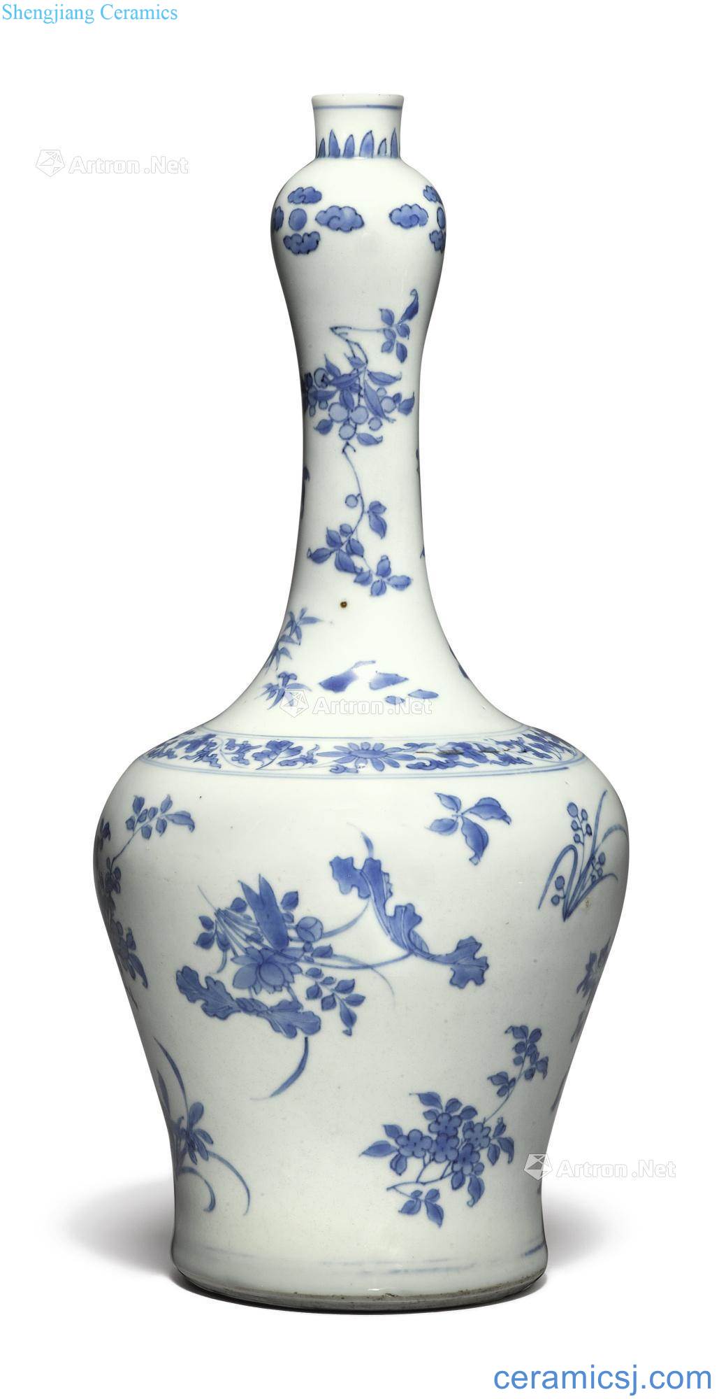 Ming chongzhen Blue and white ruffled branch flowers lines garlic bottle