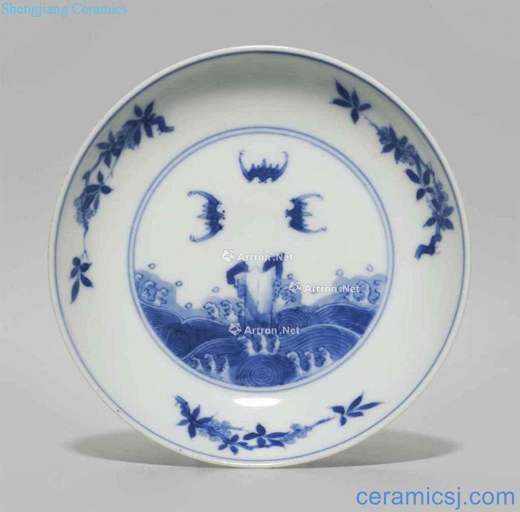 Qing yongzheng Blue and white shou airdropping figure small dish