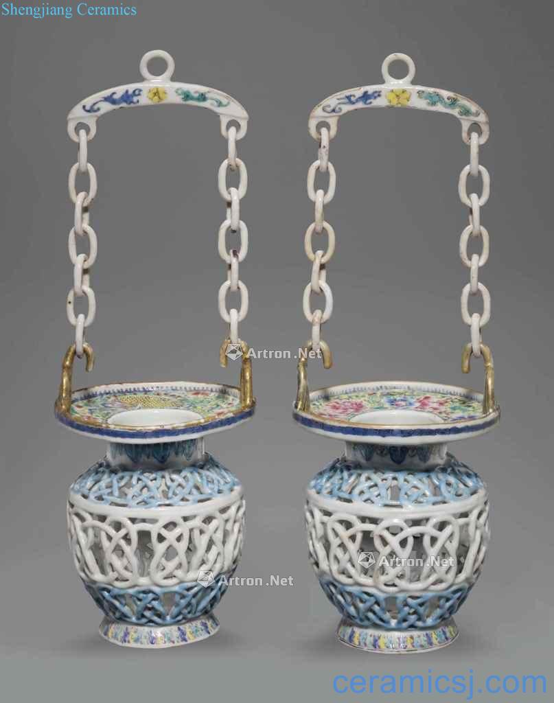 Qing qianlong/jiaqing pastel hollow out best copper cash grain hanging basket (a)