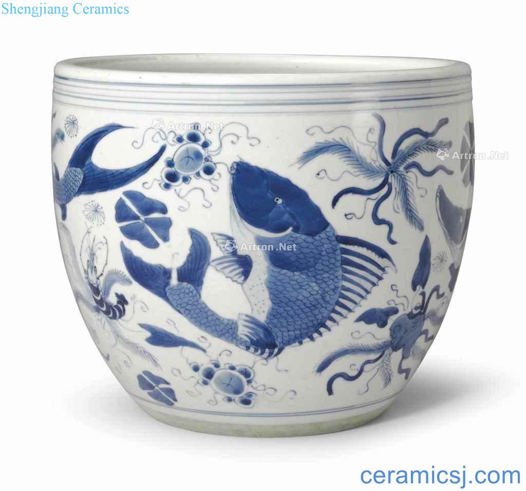 The qing emperor kangxi Blue and white fish grain small cylinder