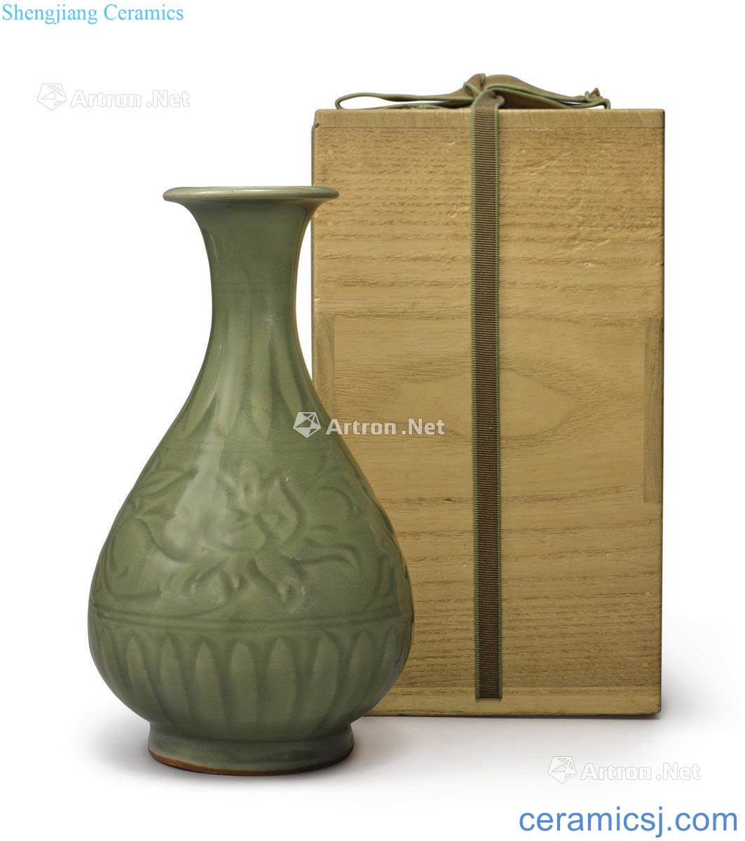 Yuan and Ming Longquan celadon green glazed carved lotus grain okho spring bottle