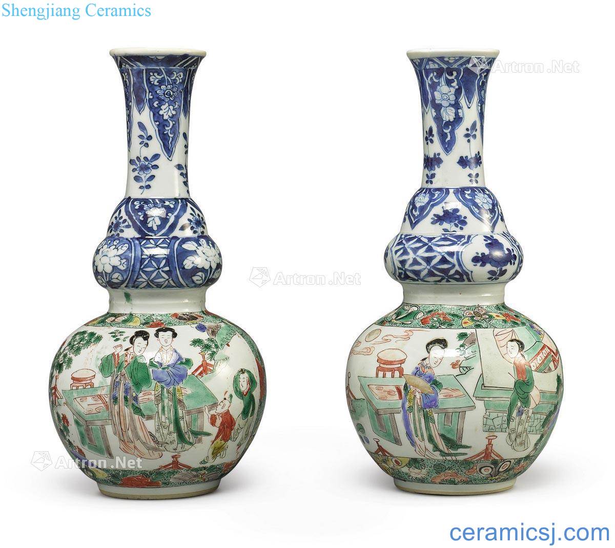 The qing emperor kangxi Colorful blue and white flower grain had two gourd bottle