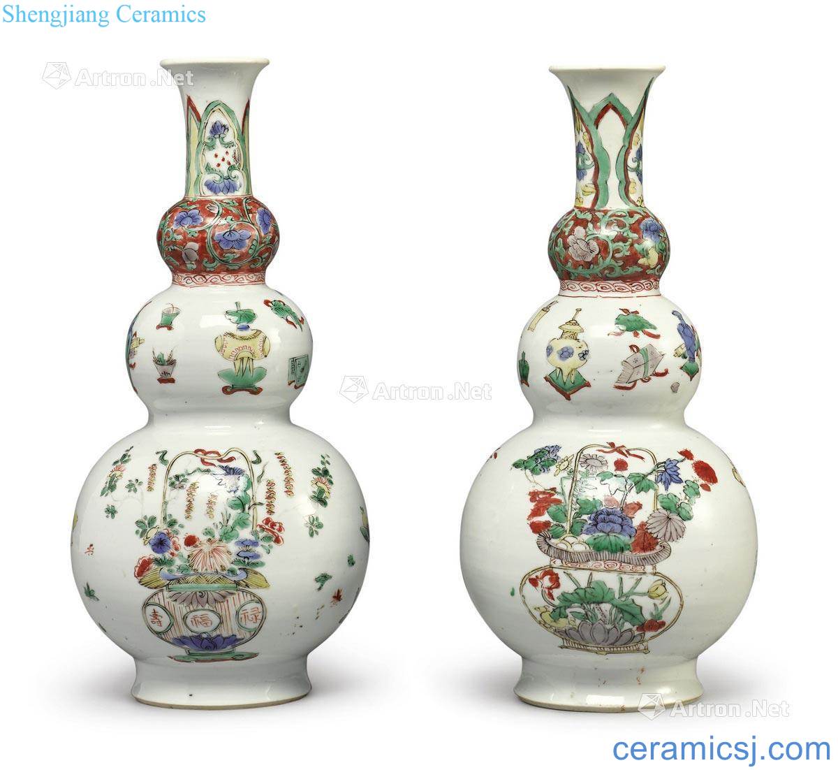 The qing emperor kangxi colorful flower basket have three bottle gourd bottle in two lines