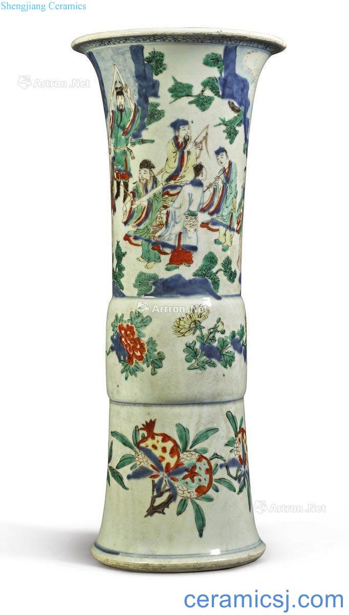 Qing shunzhi Figure flower vase with colorful eight immortals birthday