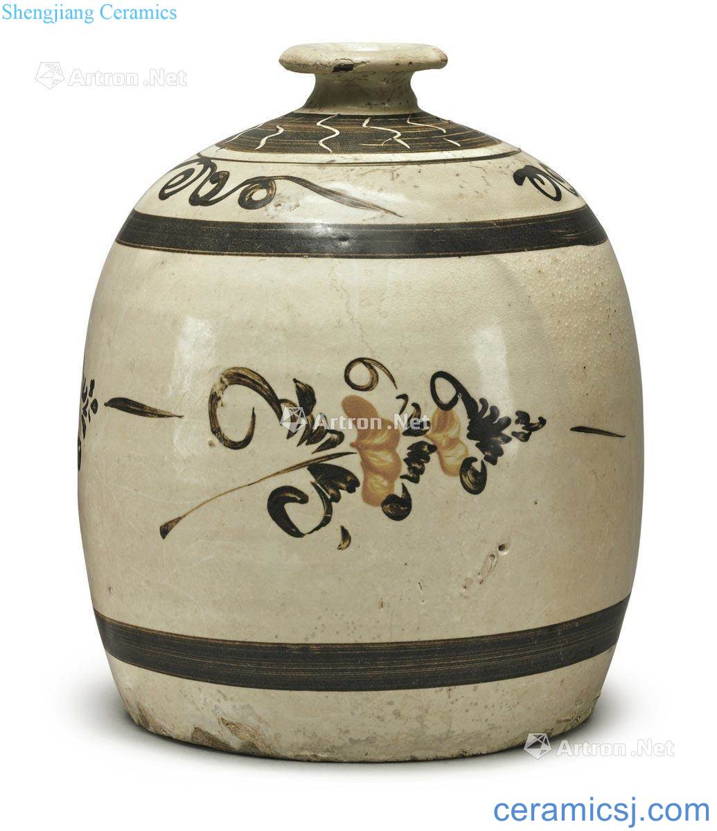 Northern song dynasty ~ gold magnetic state kiln white ground black, brown flowers fold branch flowers grain small bottle mouth