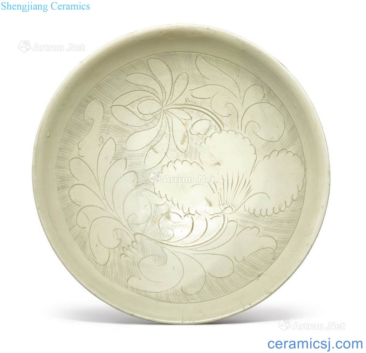 Gold ~ yuan Magnetic state kiln 盌 white glazed carved lotus pattern