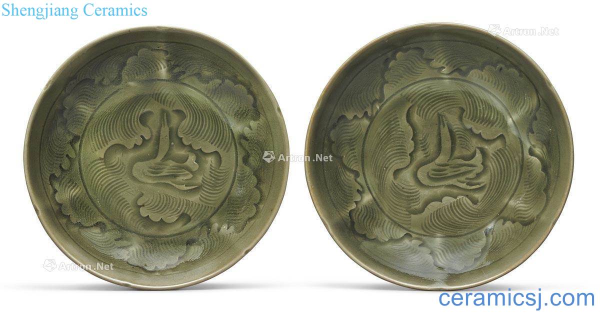 Northern song dynasty Yao state kiln green glazed carved blue waves duck swim tray A pair of