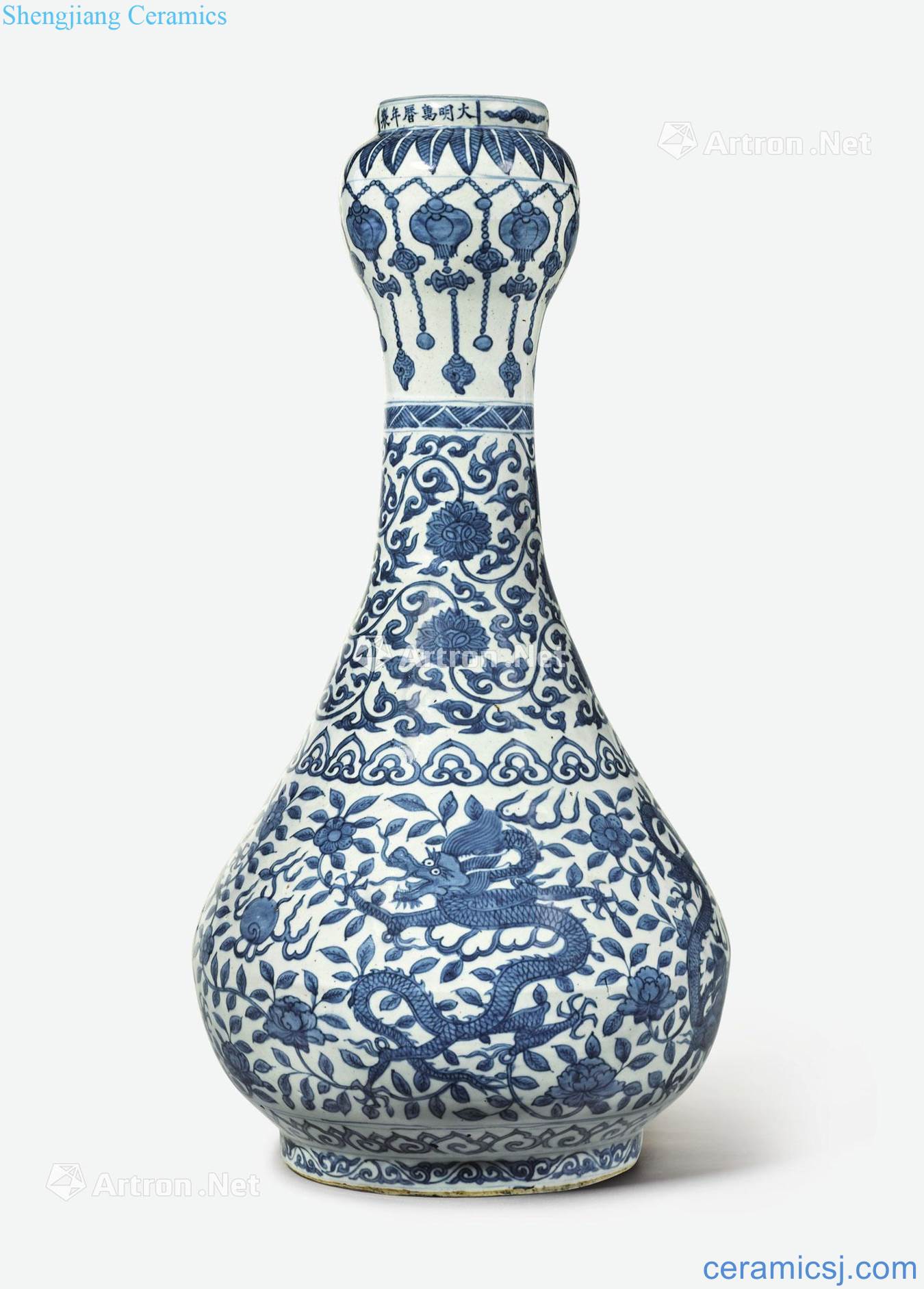 Ming wanli Blue and white floral dragon big bottles of garlic