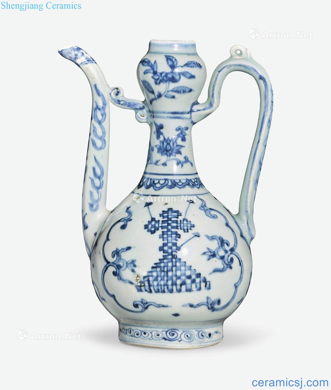 The 16th century Blue and white thefeathermen cross grain ewer